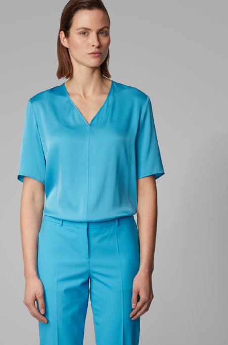 Regular-fit blouse in silk-blend crepe de Chine, Turquoise
