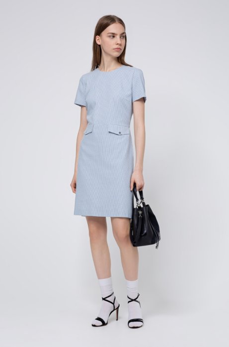Short-sleeved dress in a patterned stretch-cotton blend, Light Blue