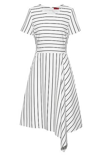 Hugo Striped-fabric Dress With Asymmetric Hem And Rear Zip In White