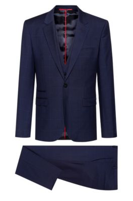 Extra-slim-fit three-piece suit in patterned wool, Dark Blue