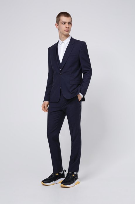 Extra-slim-fit three-piece suit in patterned wool, Dark Blue