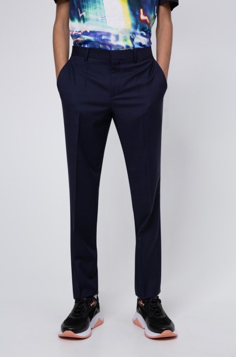Slim-fit trousers in micro-patterned virgin wool, Dark Blue