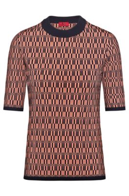 Short-sleeved sweater with knitted geometric pattern, Patterned