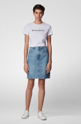 bright blue denim skirt