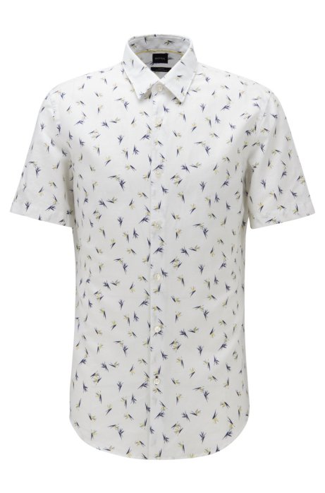 Floral-print shirt in linen with cotton, Yellow