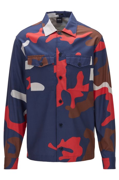 Relaxed-fit overshirt in cotton twill with camouflage print, Dark Blue