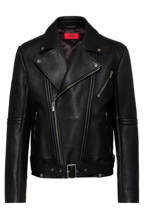 Slim-fit biker jacket in heavyweight nappa leather, Black