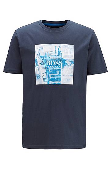 Hugo Boss Pure-cotton T-shirt With Pvc-free Photographic Print In Blue