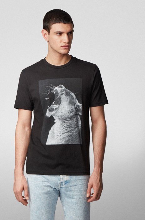 Camiseta de punto de algodón con estampado animal sin PVC, Negro