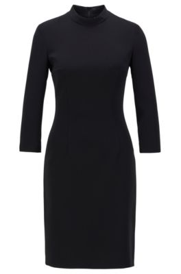 Japanese-crepe dress with stand collar, Black