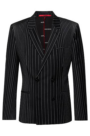 Hugo Double-breasted Extra-slim-fit Jacket In Pinstripe Wool In Black