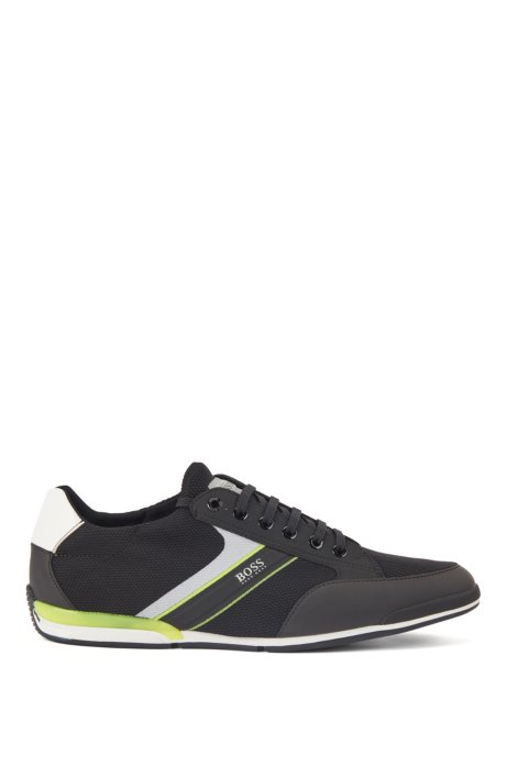 Low-top trainers with mesh and rubberised faux leather, Black