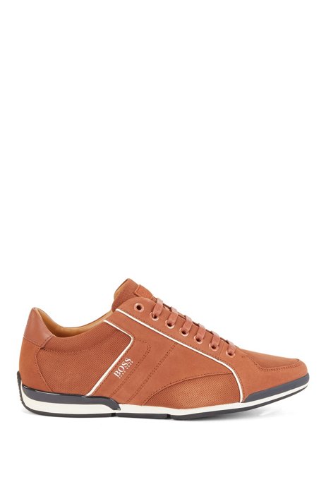 Low-top trainers in mixed leather with perforated panels, Brown