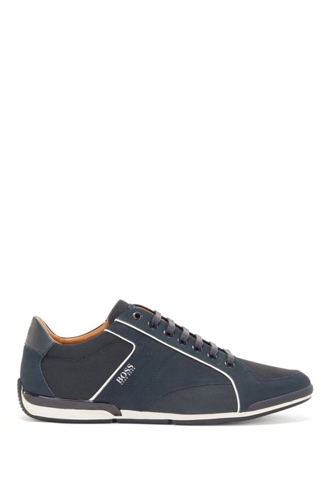 Low-top trainers in mixed leather with perforated panels, Dark Blue