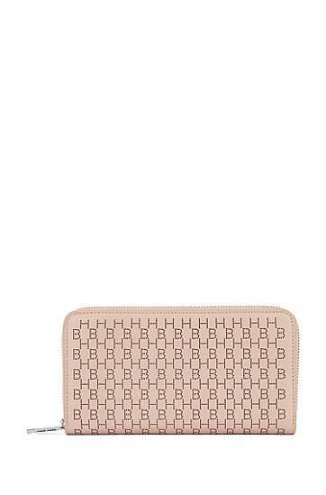 Hugo Boss Ziparound Wallet In Calf Leather With Lasered Monograms In Neutrals