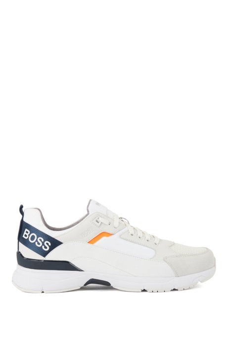 Low-top trainers in mixed materials with branded webbing, White