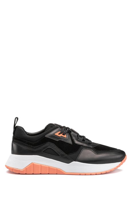 Running-style trainers in nappa leather with mesh details, Black