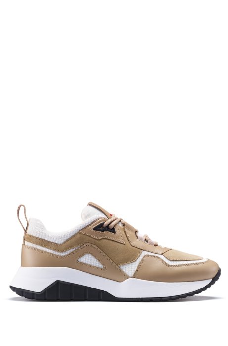 Running-style trainers in nappa leather with mesh details, Beige