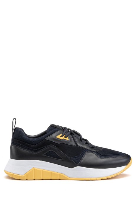 Running-style trainers in nappa leather with mesh details, Blue