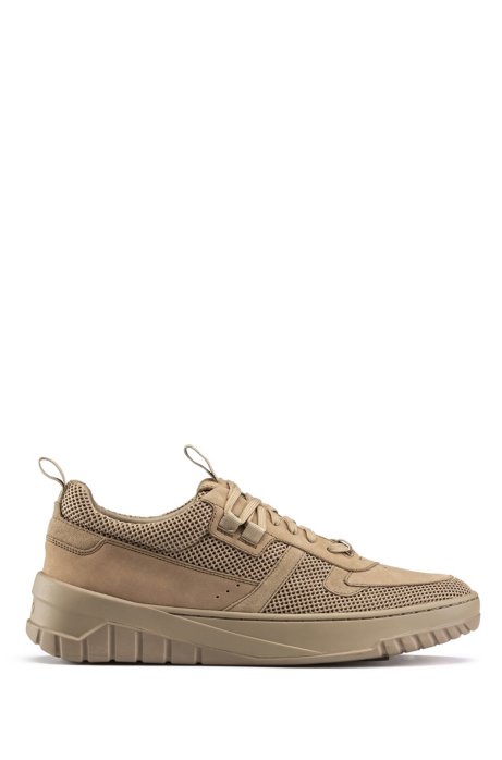 Lace-up trainers in mesh, nubuck and suede, Beige