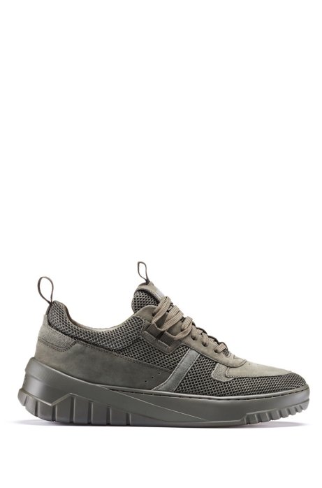 Lace-up trainers in mesh, nubuck and suede, Dark Green