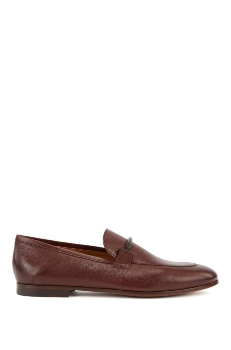 Italian-made loafers in grained leather with collapsible heel, Dark Brown
