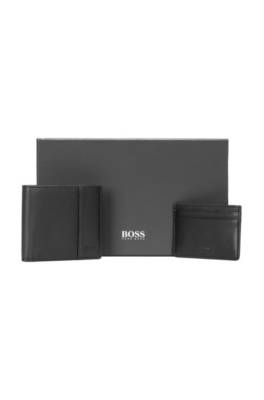 Coffret cadeau avec portefeuille et porte-cartes en cuir, à motif losanges embossé