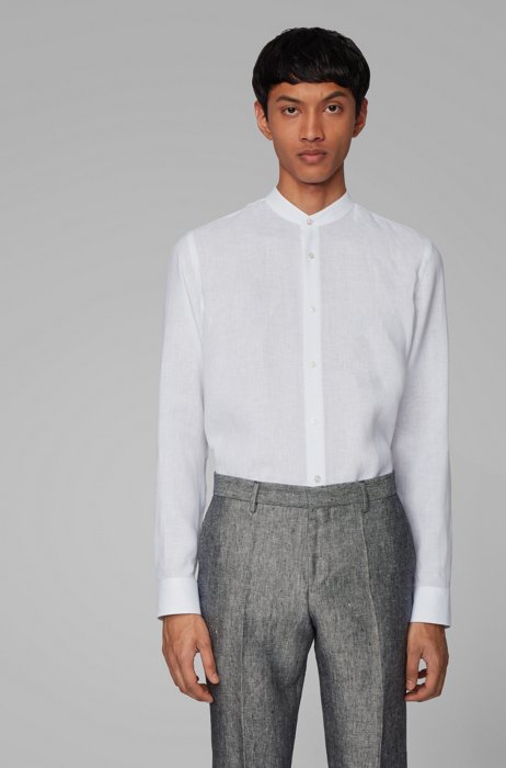 Kragenloses Slim-Fit Hemd aus italienischem Leinen, Weiß