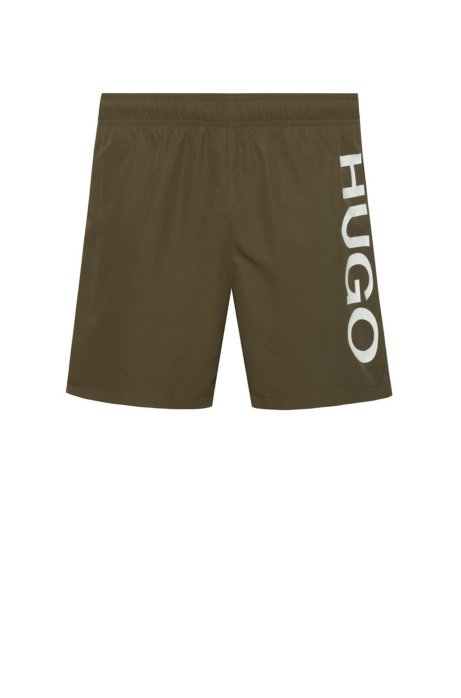 Quick-drying swim shorts with logo print, Khaki