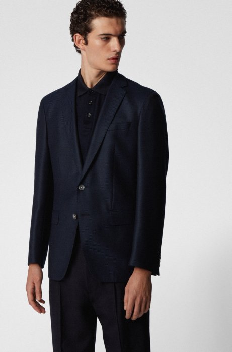 Slim-fit jacket in micro-patterned traceable wool, Dark Blue