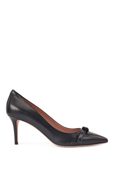 Heeled pumps in Italian leather with bow detail, Black