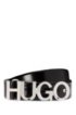 Glossy-leather belt with polished-metal logo buckle, Black