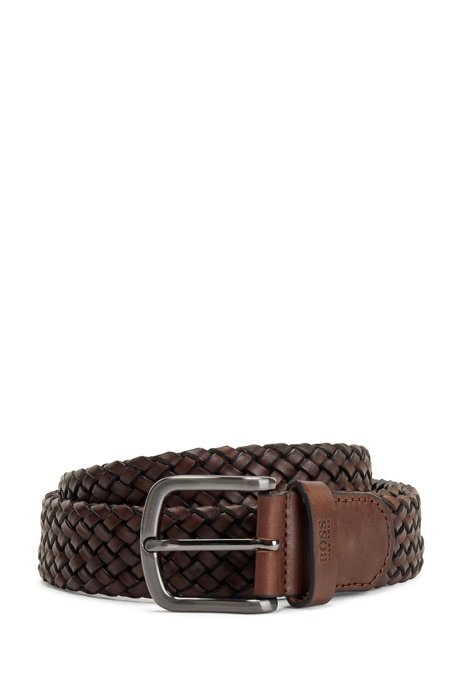 Woven-leather belt with logo-stamped keeper, Dark Brown