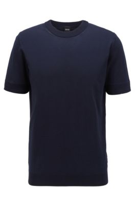 Short-sleeved knitted sweater with micro-structured stripes, Dark Blue