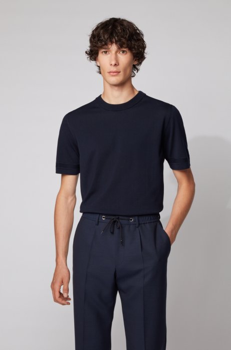 Short-sleeved knitted sweater with micro-structured stripes, Dark Blue