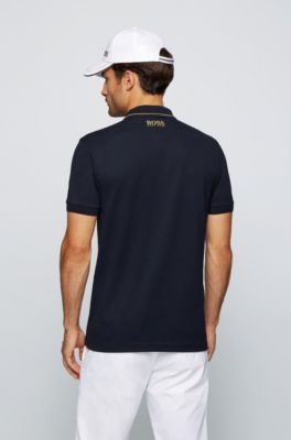 navy blue and gold polo shirts