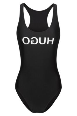 Racer-back swimsuit with reversed logo