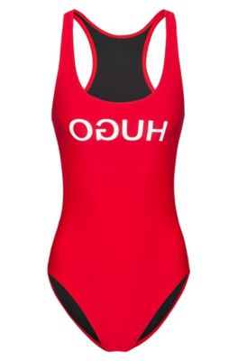 Racer-back swimsuit with reversed logo