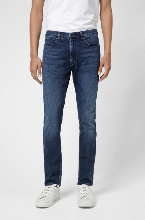 Mid-blue skinny-fit jeans in used-effect stretch denim, Blue