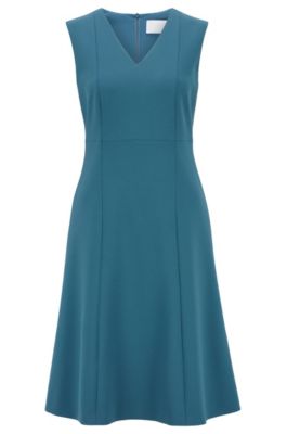 V-neck dress in double-faced Portuguese stretch fabric, Turquoise
