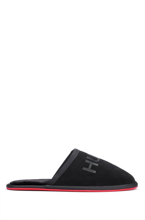 Suede slippers with faux-fur lining and tonal logo, Black