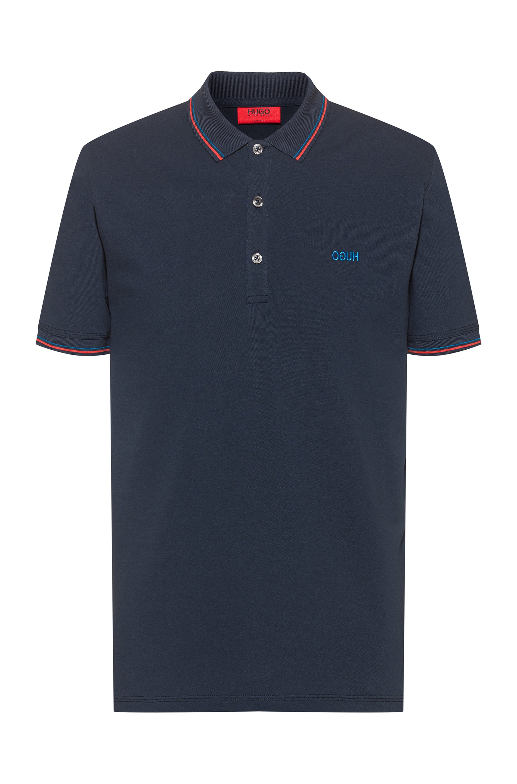 Slim-fit polo shirt with reversed-logo embroidery, Dark Blue