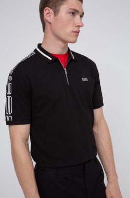 Download HUGO - Cotton-piqué zip-neck polo shirt with logo tape sleeves