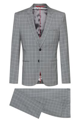 Extra-slim-fit three-piece suit in checked wool, Light Grey