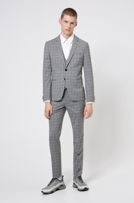Extra-slim-fit three-piece suit in checked wool, Light Grey