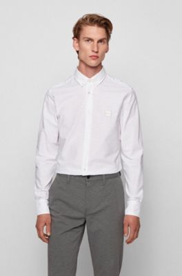 BOSS - Oxford-cotton slim-fit shirt with jacquard logo patch