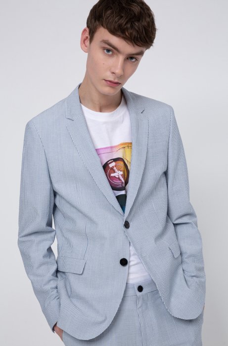 Extra-slim-fit jacket in striped cotton-blend seersucker, Patterned