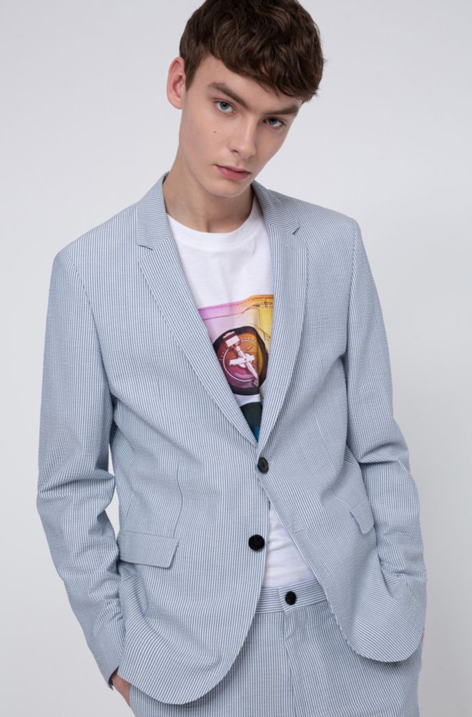Extra-slim-fit jacket in striped cotton-blend seersucker