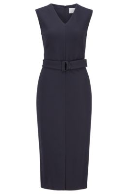 Sleeveless shift dress in stretch twill with belted waist, Dark Blue