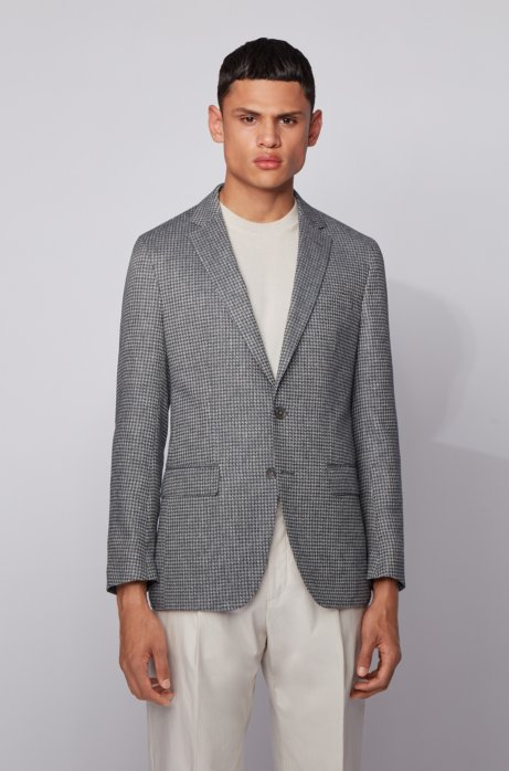 Slim-fit jacket in patterned fabric with linen, Grey